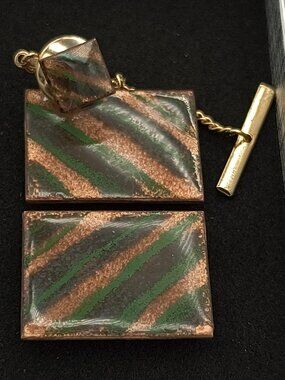 Vintage Enamel On Copper Artisan Signed Cufflinks Tie Tack Set